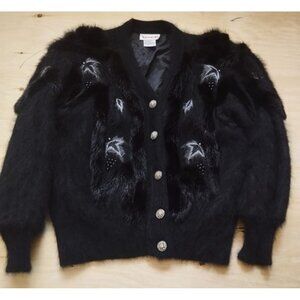 Vintage Vango Cardigan Women's S Black 70% Angora Rabbit Hair Fur Trim 80s Glam